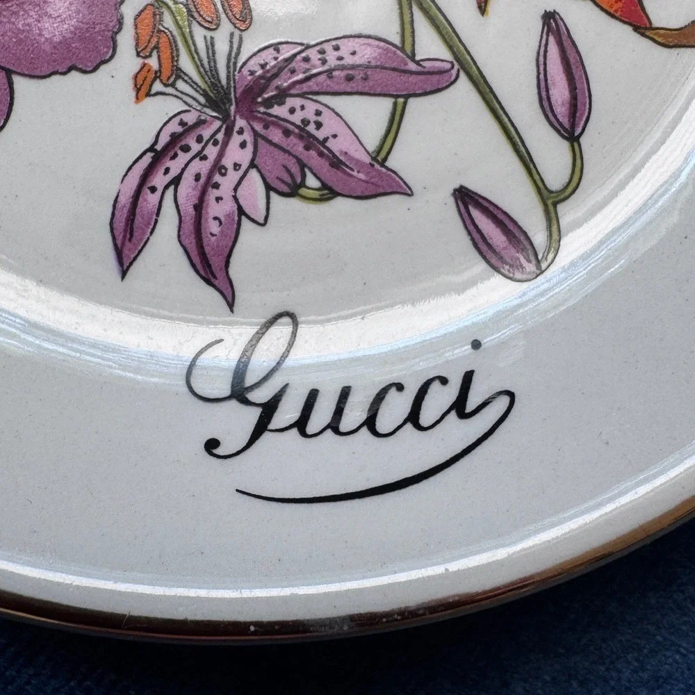 Vintage GUCCI Floral Logo Monogram Gold Trinket‎ Dish Porcelain Tray plate